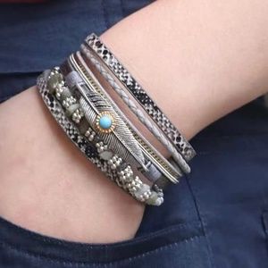 NWOT Feather Leather Wrap Bracelets for Women Braided Boho Multi-Layer Bangle